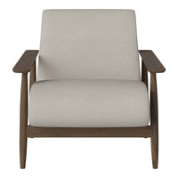 Light gray upholstered armchair with a smooth texture and dark wooden frame accents. Minimalist design.