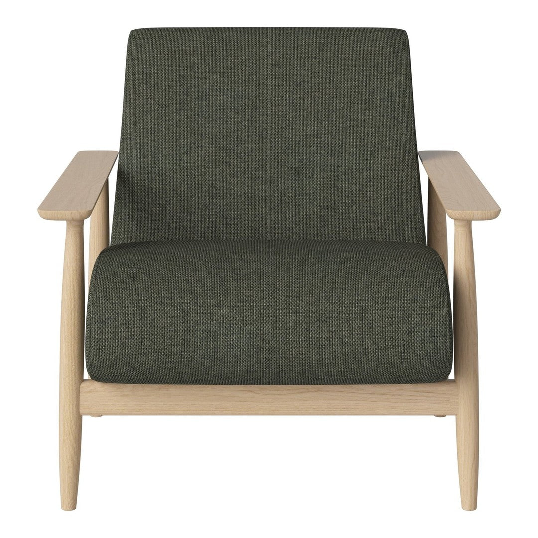Green upholstered chair with a textured fabric and natural wood frame, featuring clean lines and a minimalist design.