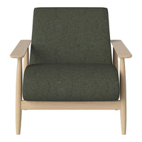 Green upholstered chair with a textured fabric and natural wood frame, featuring clean lines and a minimalist design.