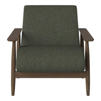 Green upholstered armchair with a textured pattern and wooden frame, perfect for modern home decor.