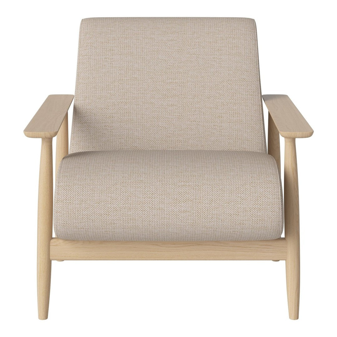 Beige upholstered chair with a smooth texture and light wood frame, showcasing a minimalist design.