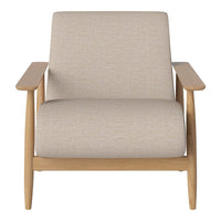 Beige upholstered armchair with a textured pattern, complemented by light wooden armrests and legs.