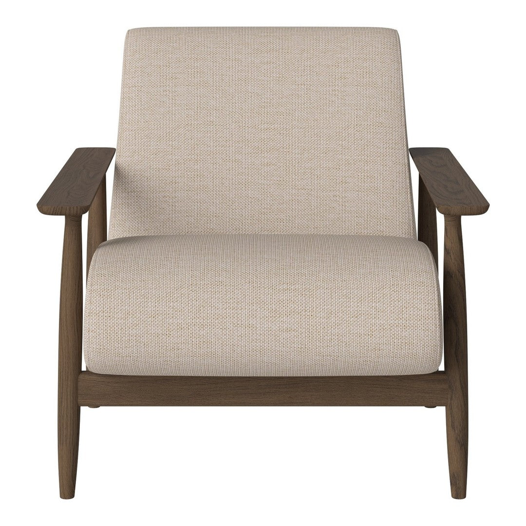 Beige upholstered chair with textured fabric and warm wood armrests. Stylish minimalist design for modern decor.