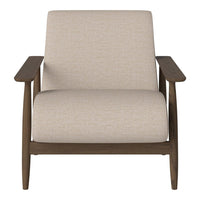 Beige upholstered chair with textured fabric and warm wood armrests. Stylish minimalist design for modern decor.
