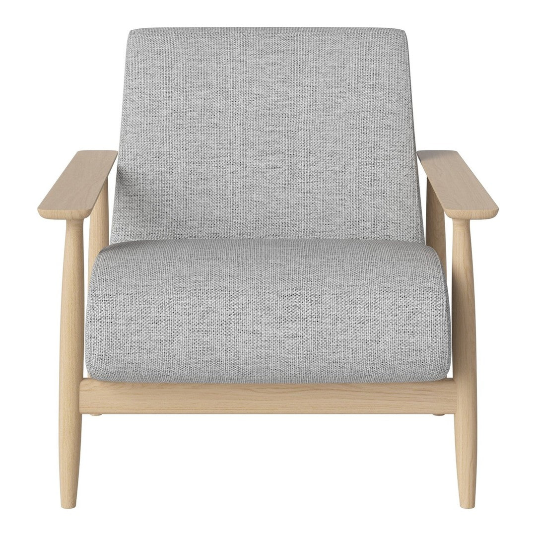 Gray fabric armchair with a minimalist design and light wooden frame. Ideal for modern living spaces.