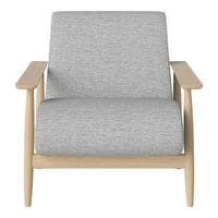 Gray fabric armchair with a minimalist design and light wooden frame. Ideal for modern living spaces.