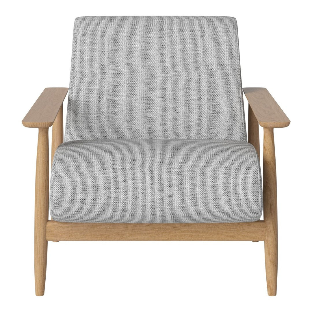 Light gray fabric armchair with smooth textures and natural wood arms, perfect for modern decor.