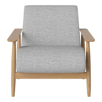 Light gray fabric armchair with smooth textures and natural wood arms, perfect for modern decor.