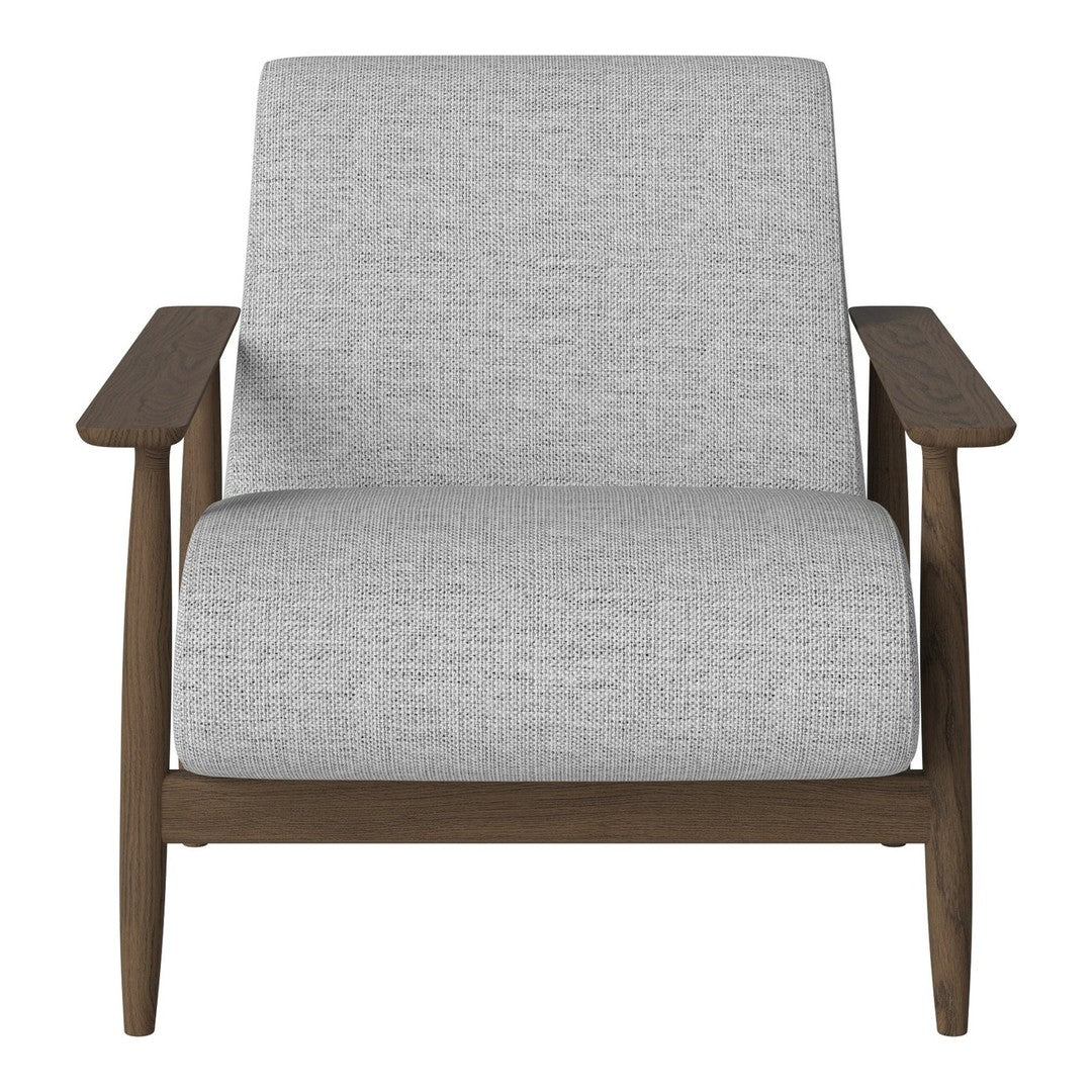 Gray upholstered armchair with a minimalist design and dark wooden frame. Perfect for modern living spaces.