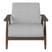 Gray upholstered armchair with a minimalist design and dark wooden frame. Perfect for modern living spaces.