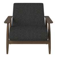 Dark gray textured upholstery on modern armchair with natural wood arms and legs. Elegant minimalist design.