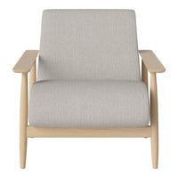 Light gray upholstered chair with a minimalist design and natural wood arms. Perfect for modern interiors.
