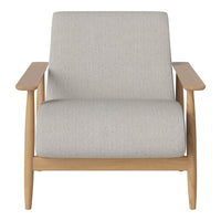 Light gray upholstered armchair with natural wood frame, showcasing a minimalist design and subtle texture.