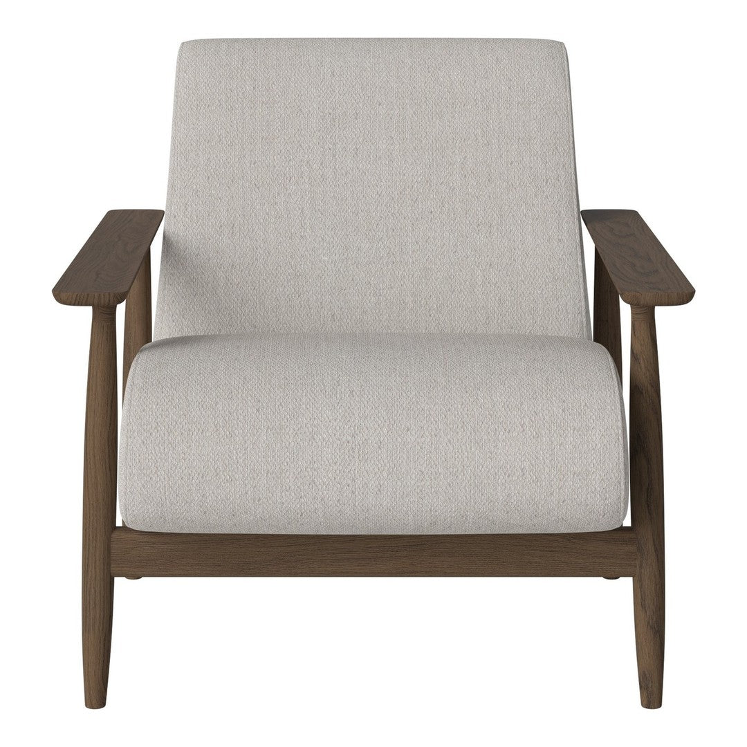 Light grey fabric armchair with a minimalist wood frame and sleek lines. Perfect for modern decor.