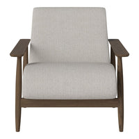 Light grey fabric armchair with a minimalist wood frame and sleek lines. Perfect for modern decor.