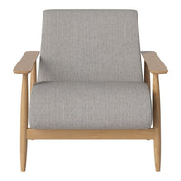 Gray upholstered chair with a textured pattern, featuring light wood legs and arms for a modern look.