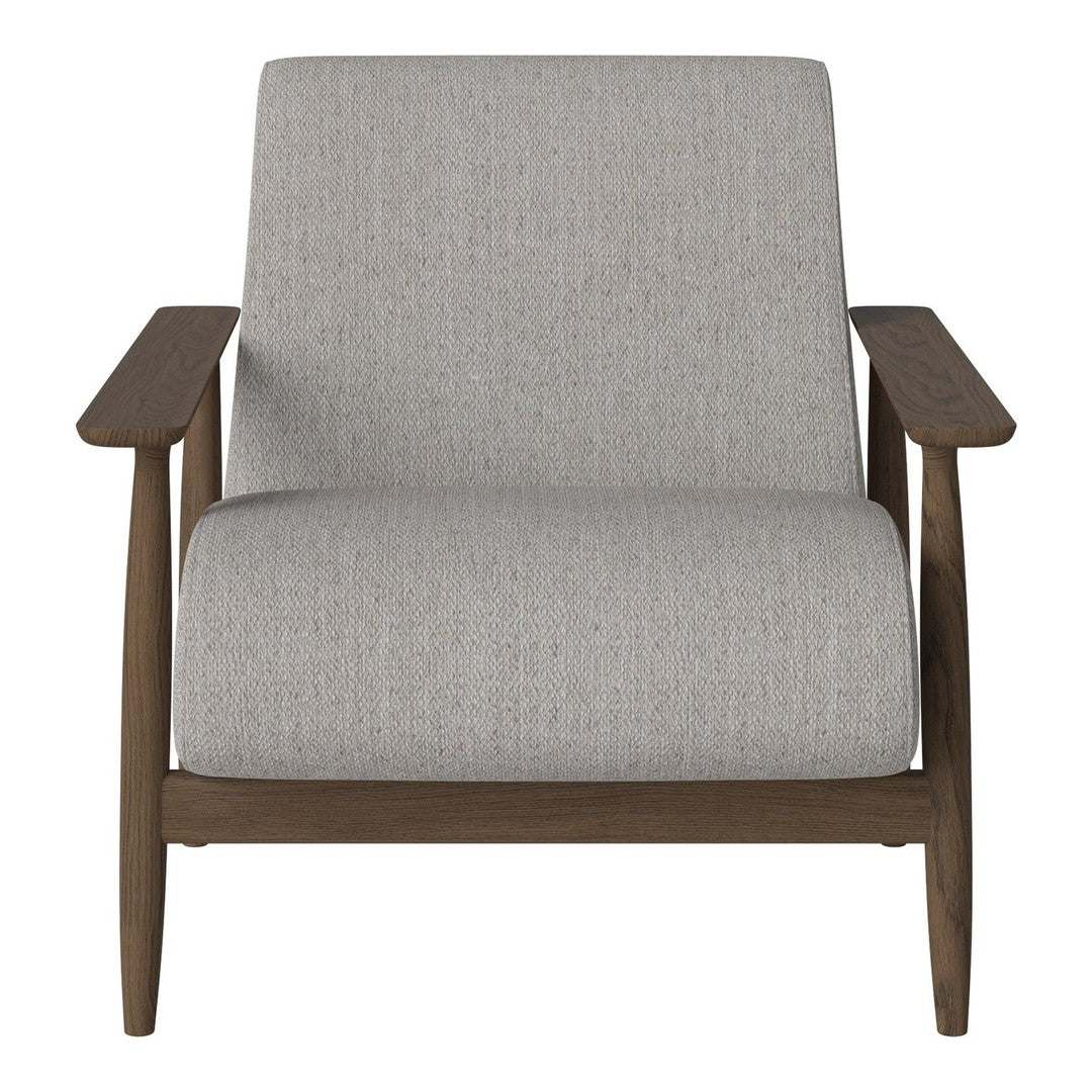 Gray upholstered chair with a simple texture and natural wooden armrests. Ideal for modern decor.