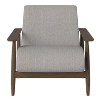 Gray upholstered chair with a simple texture and natural wooden armrests. Ideal for modern decor.