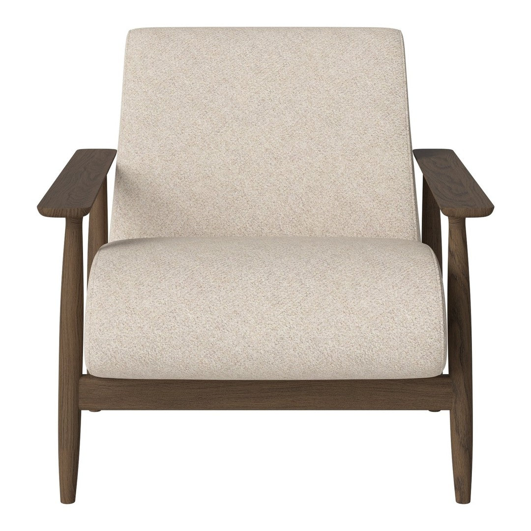Light beige upholstered chair with a textured pattern and dark wood arms, perfect for modern decor.
