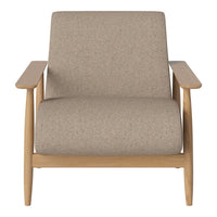 Light brown upholstered armchair with a simple, modern design and natural wood accents. Perfect for minimalist decor.