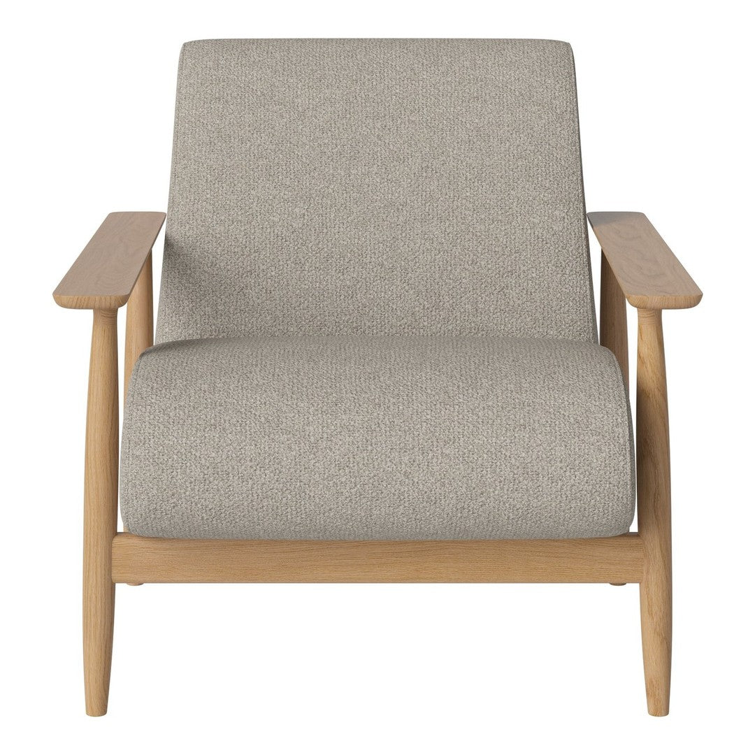 Light gray upholstered chair with natural wood arms and a minimalist design. Perfect for modern decor.