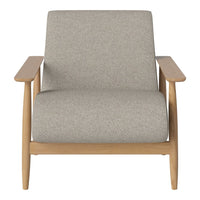 Light gray upholstered chair with natural wood arms and a minimalist design. Perfect for modern decor.