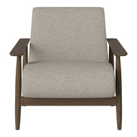 Light gray upholstered armchair with walnut wood arms and a minimalist design. Perfect for modern decor.