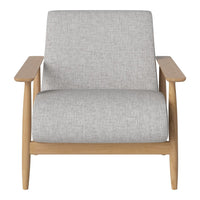 Light gray upholstered chair with a textured finish and natural wood frame, perfect for modern decor.