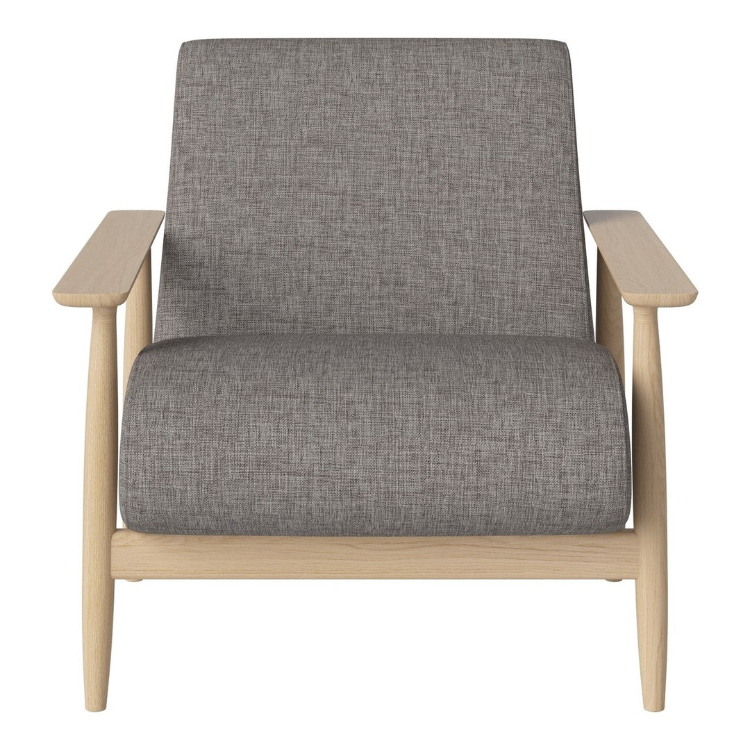 Gray upholstered armchair with a textured finish and light wooden frame, offering a modern and minimalist design.