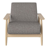 Gray upholstered armchair with a textured finish and light wooden frame, offering a modern and minimalist design.