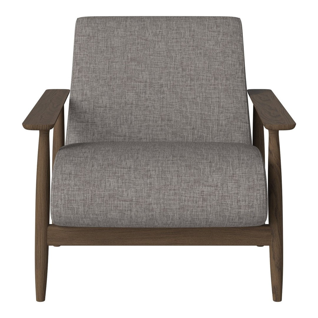 Gray upholstered chair with a textured pattern and wooden armrests, perfect for modern decor.