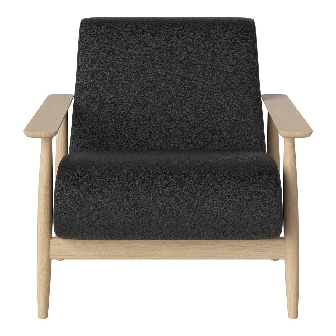 Black upholstered armchair with light wood arms and frame, featuring a minimalist design and smooth texture.