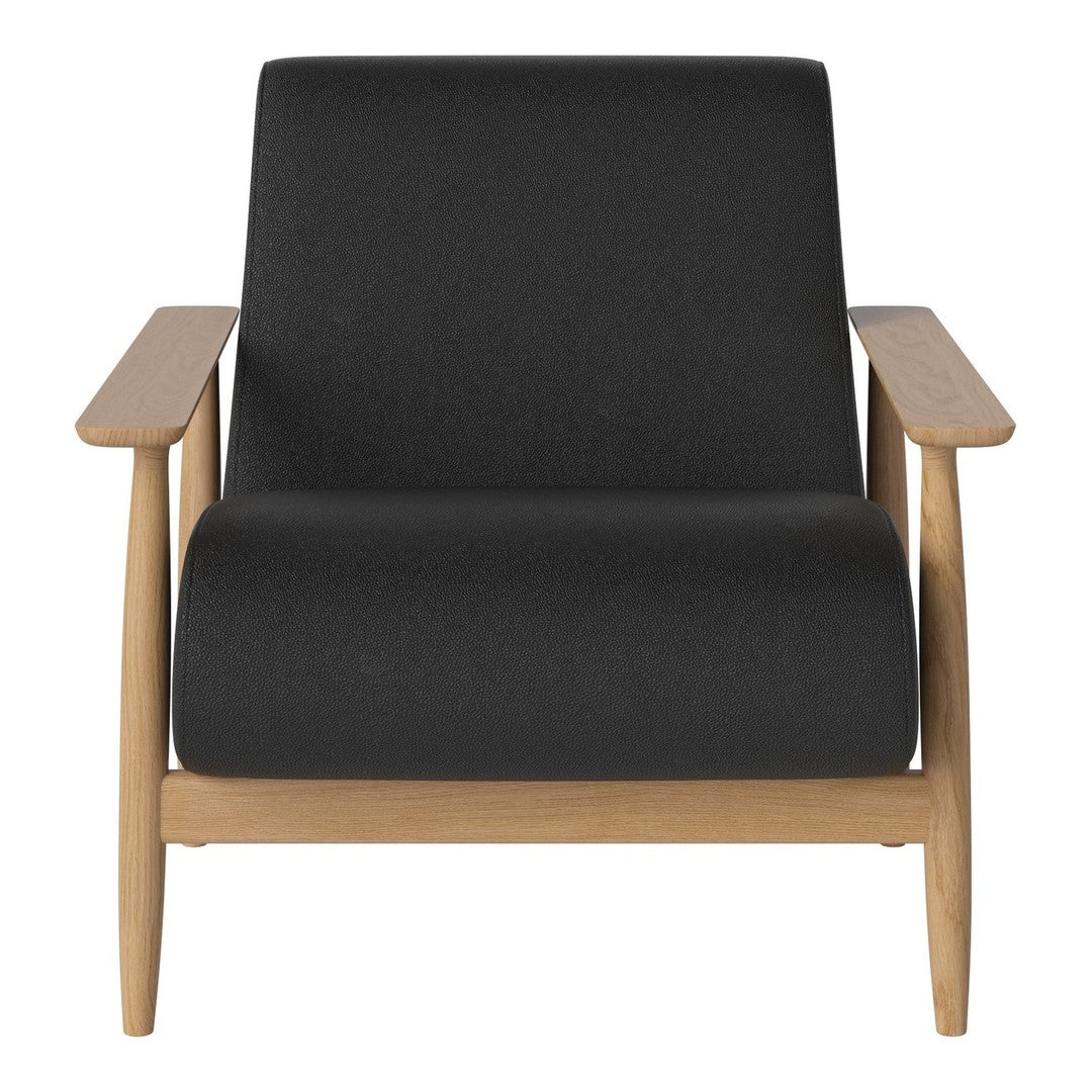 Black upholstered armchair with a sleek wooden frame, showcasing a minimalist design and contemporary style.