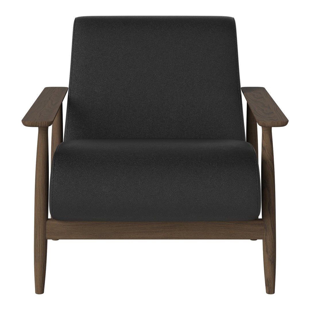 Sleek black fabric armchair with retro wood accents, featuring a minimalist design and clean lines.