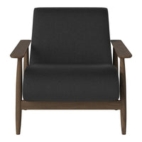 Sleek black fabric armchair with retro wood accents, featuring a minimalist design and clean lines.