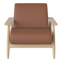 Brown leather armchair with light wood arms and legs, featuring a minimalist design and smooth, sleek surfaces.