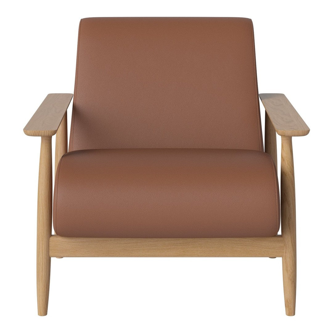 Brown leather armchair with wooden arms, showcasing a minimalist design and smooth texture. Perfect for modern decor.