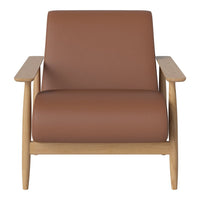 Brown leather armchair with wooden arms, showcasing a minimalist design and smooth texture. Perfect for modern decor.