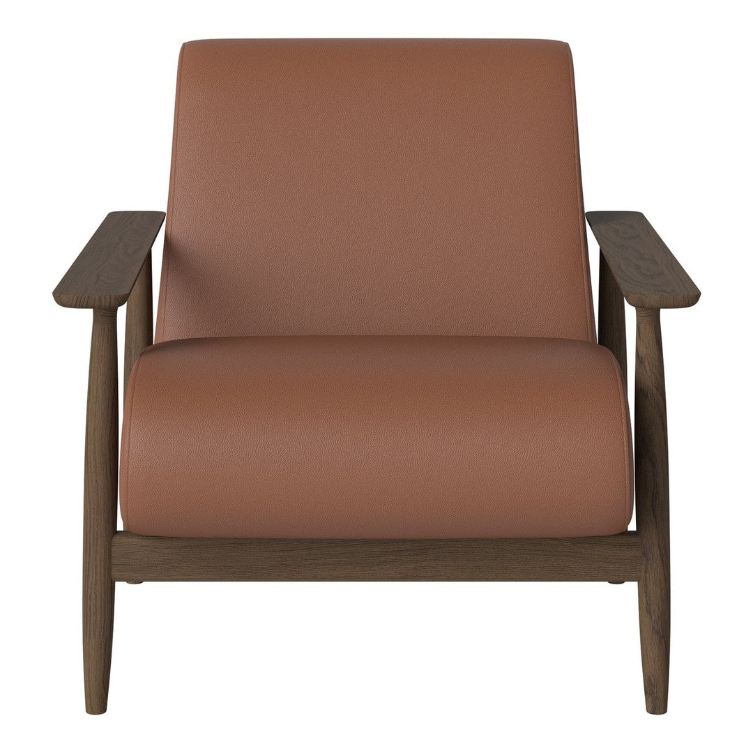 Brown leather armchair with wooden frame, featuring a minimalist design and a solid color pattern.