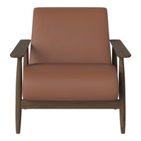 Brown leather armchair with wooden frame, featuring a minimalist design and a solid color pattern.