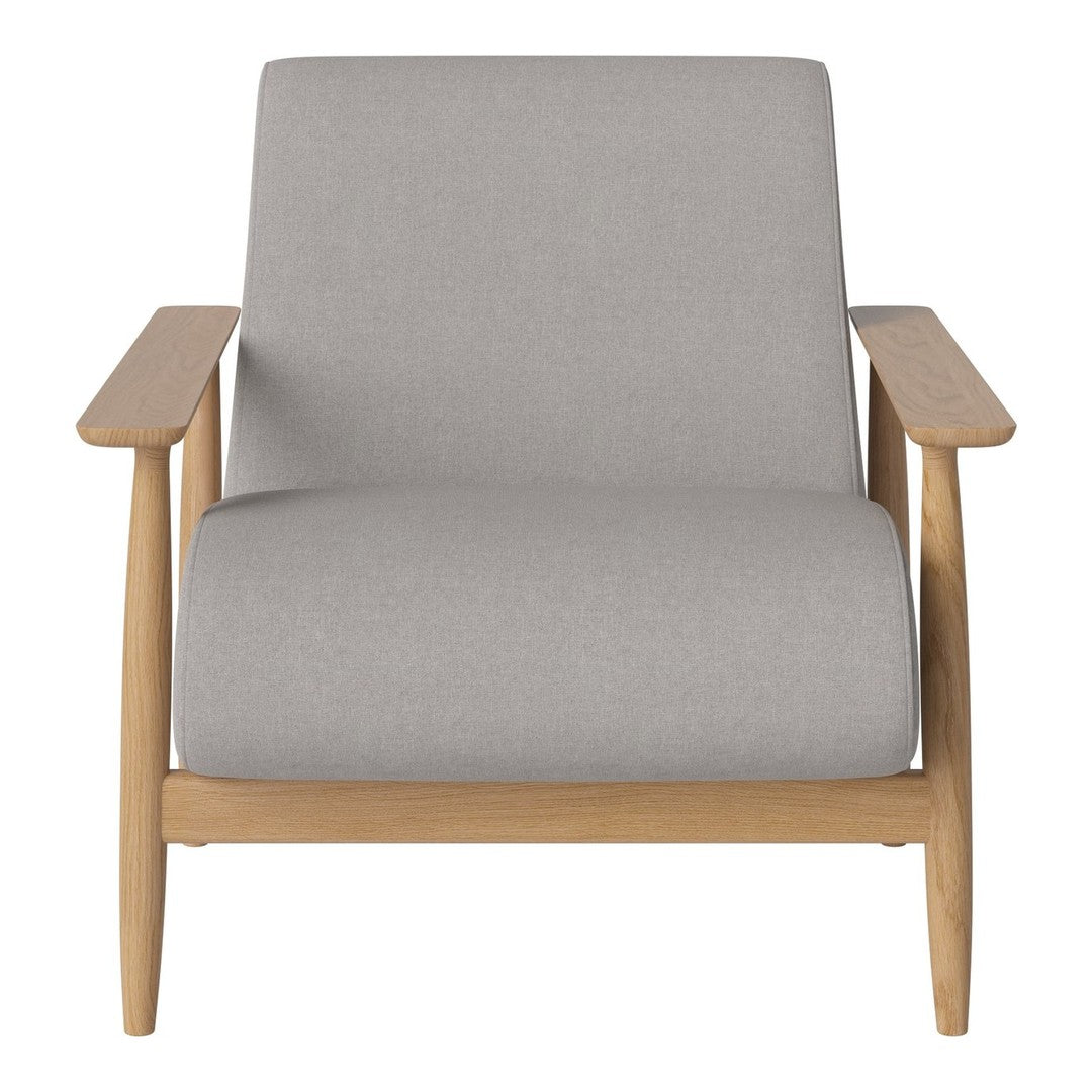 Light gray upholstered chair with natural wood armrests, featuring a minimalist design and clean lines.