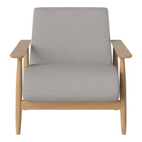 Light gray upholstered chair with natural wood armrests, featuring a minimalist design and clean lines.
