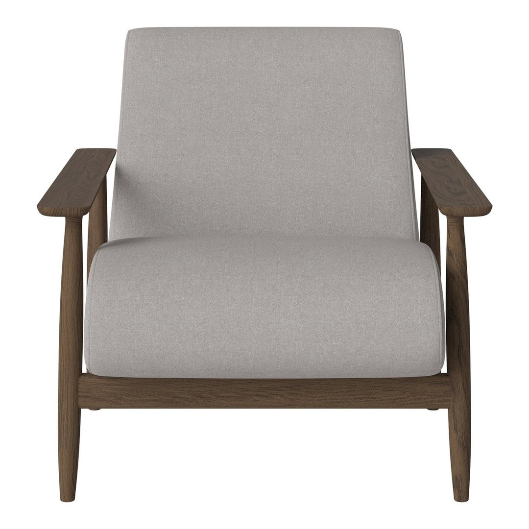 Gray upholstered armchair with natural wood arms, featuring a minimalist design and streamlined silhouette.