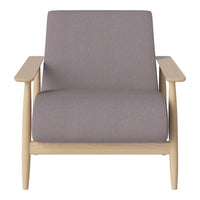 Light grey, minimalist armchair with natural wood legs, showcasing a modern, elegant design.