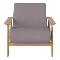 Gray upholstered armchair with a minimalist design and natural wood frame. Perfect for modern living spaces.