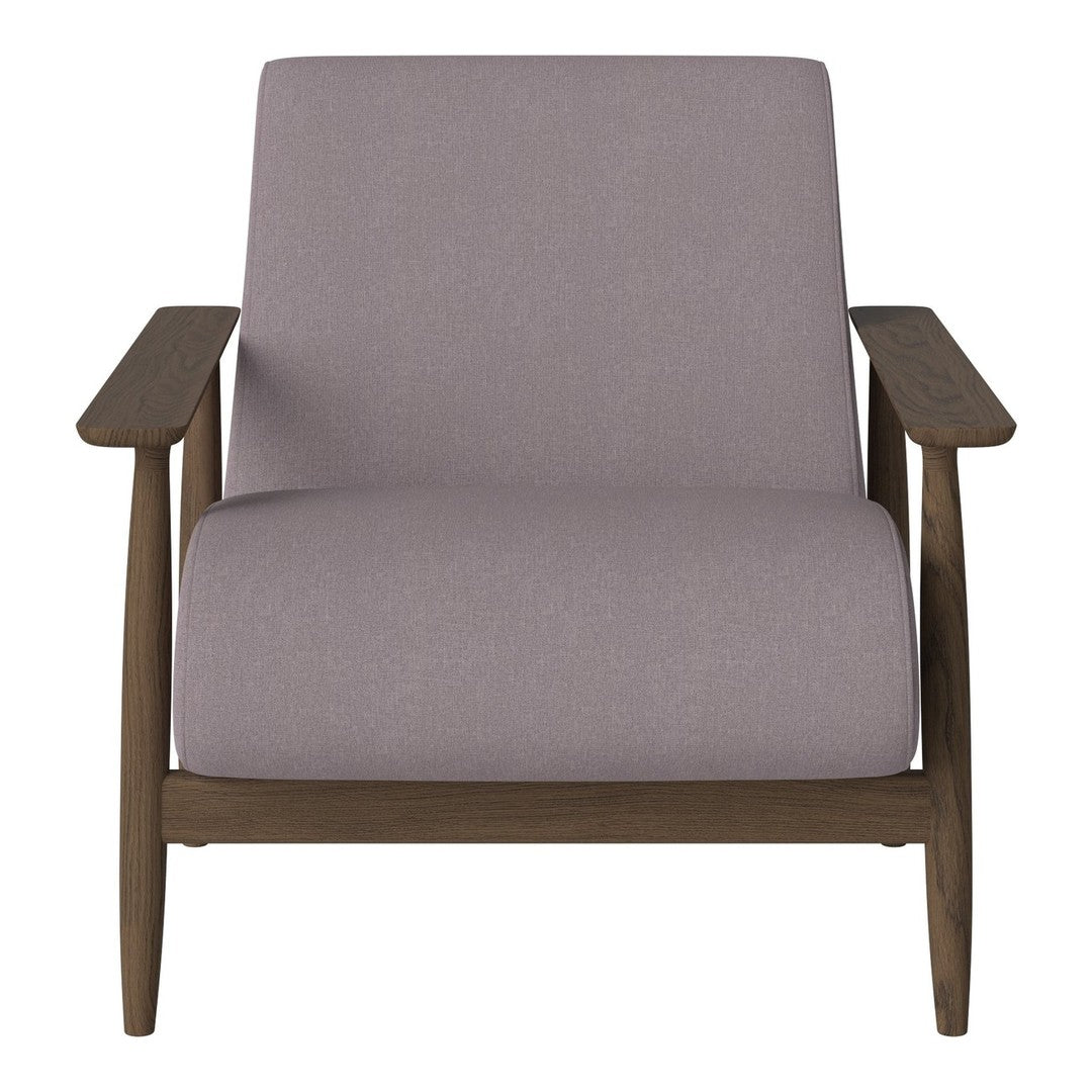 Modern minimalist armchair featuring a soft lavender fabric seat and rich walnut wood frame. Elegant design for any space.