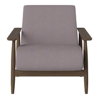 Modern minimalist armchair featuring a soft lavender fabric seat and rich walnut wood frame. Elegant design for any space.