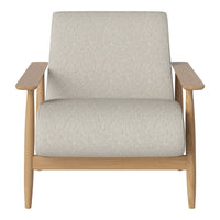 Light gray upholstered chair with textured fabric and natural wood arms, featuring a minimalist design.