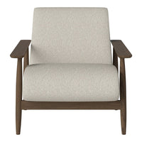 Light grey upholstered armchair with natural wood arms, featuring a minimalist, modern design.