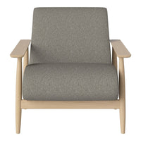 Gray upholstered armchair with a minimalist design and natural wood arms, perfect for modern decor.